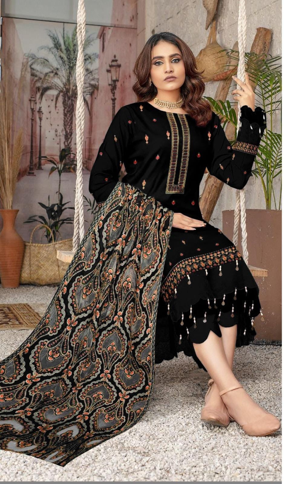 Bareeze 1672 Unstitched Luxury Dhanak Heavy Embroidered 3PC Suit With Laser Cut Shawl Black