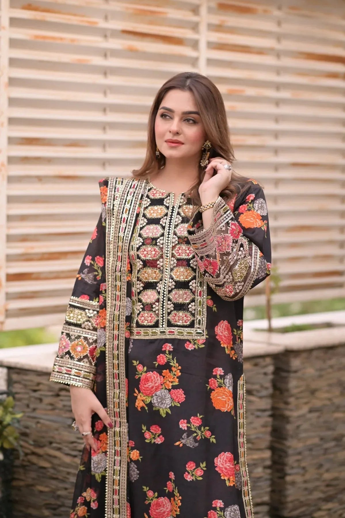 Aneelas Silk Dress Embroidered 3 Piece Unstitched
